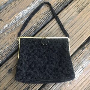 Black Geometric Beaded Purse Evening Bag Clutch Gold Frame Vintage 50s 60s Japan